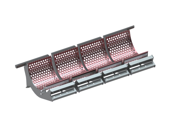 4-part strainer basket 2030 wide, screen plate thickness t=12, perforation Ø35, web 12, Hardox for Vecoplan LLC (Retech) 