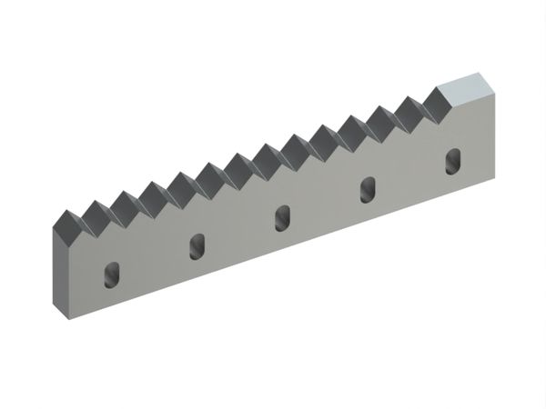 Gegenmesser rechts 495x111x33, 5 Langlöcher, 13 Zahnkerben, Zahnschritt 33, X-Variante 
