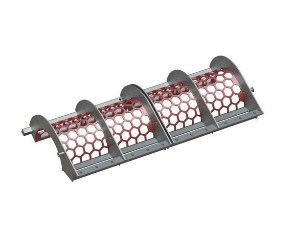 Panier de crible 2 parties largeur 1840, épaisseur t=10, perforation hexag. largeur sur plats 76.2 pour Vecoplan 