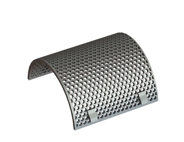 Screen basket 492 mm wide, screen plate thickness t=16, hexagonal perforation ligament 7 