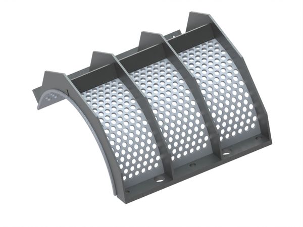 Screen basket 657 mm wide, screen plate thickness t=10, perforation Ø20 ligament 8, structural steel for Lindner Recyclingtech 
