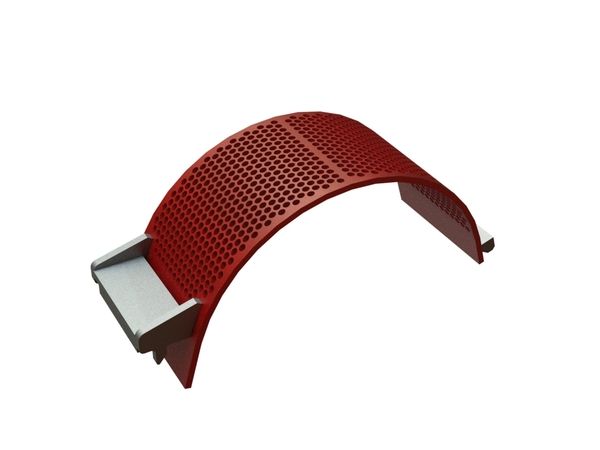 Screen basket width 340, screen plate thickness t=15, perforation Ø16, ligament 5, Hardox, patented for Lindner Recyclingtech Lindner Komet 2800