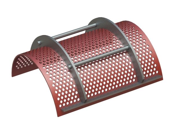 Screen basket, width 572, screen plate thickness t=6, perforation Ø13, ligament 6, Hardox for Herbold Meckesheim GmbH 