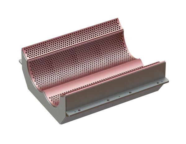 Siebkorb 950 mm breit, Siebplattestärke t=10, Lochung Ø15 Steg 5, Hardox für Untha 