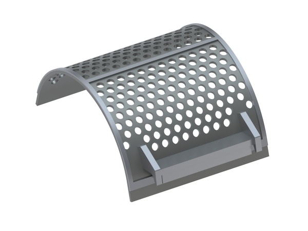 Strainer basket 497 wide, screen plate thickness t=10, with supports, round perforation Ø25, web 12 