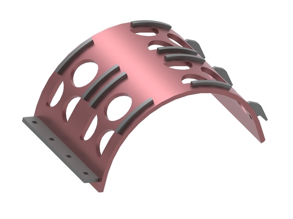 Strainer basket 632 wide, screen plate thickness t=25, perforation Ø150, web 40, Hardox for Vecoplan LLC (Retech) 