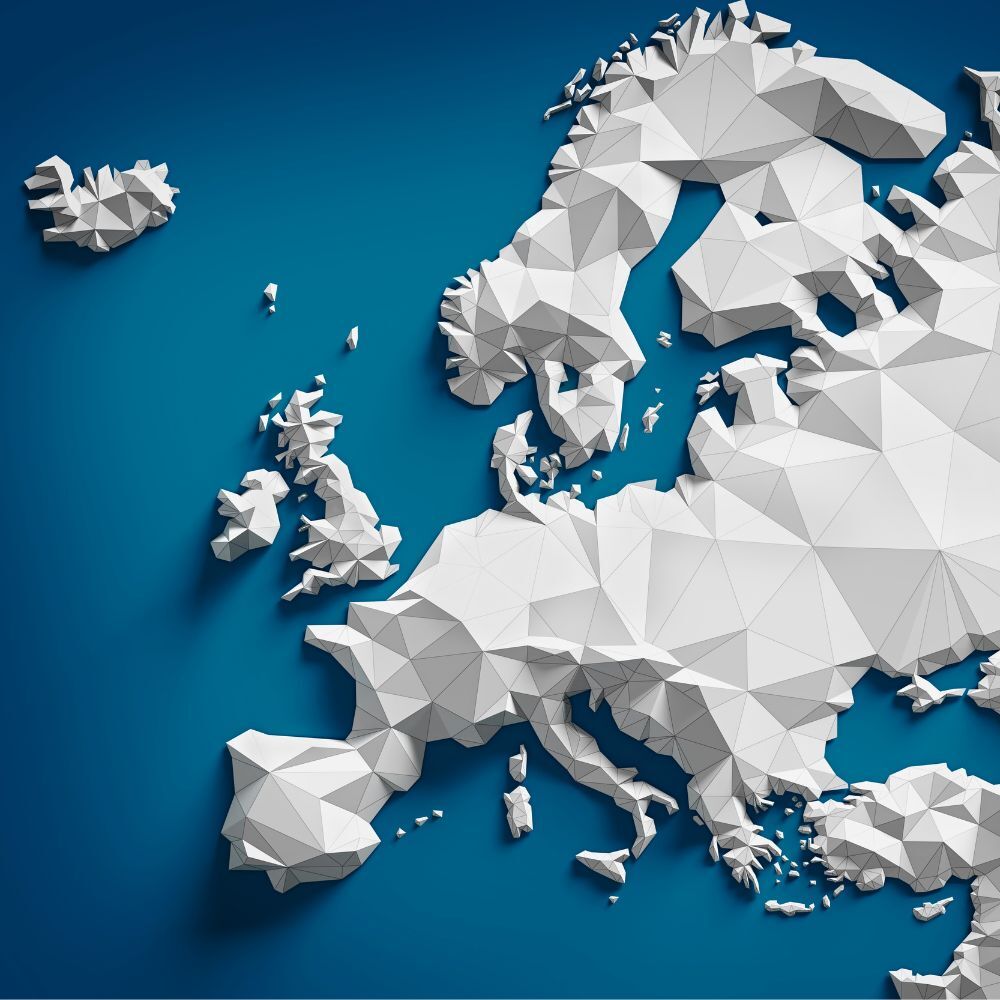 Abstrakte 3D-Karte von Europa – symbolische Darstellung des internationalen Vertriebsnetzes von CUTMETALL
