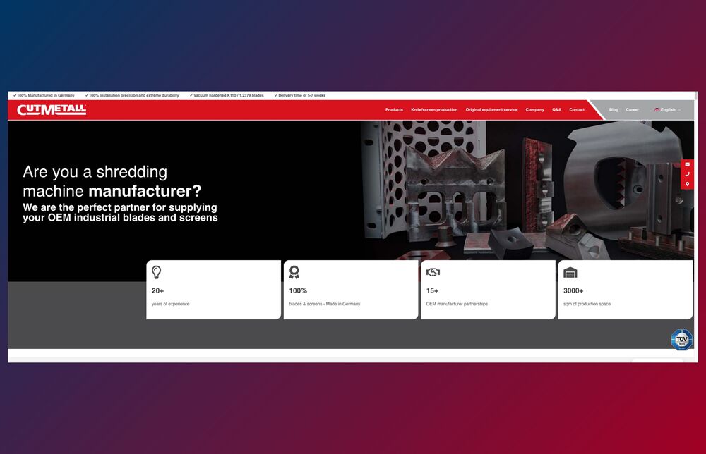 CUTMETALL OEM website targeting shredding machine manufacturers – highlighting industrial blades and screens