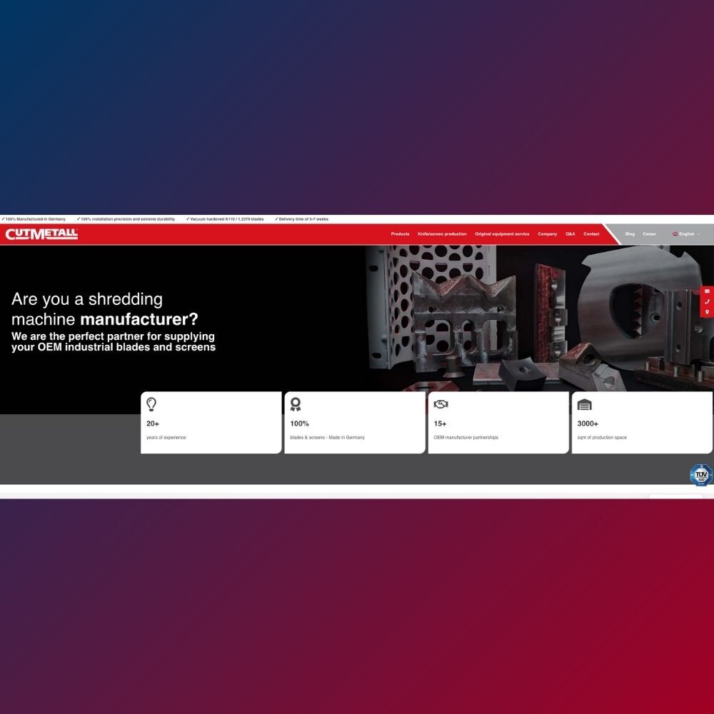 Página web OEM de CUTMETALL para fabricantes de trituradoras – enfoque en cuchillas industriales y cribas