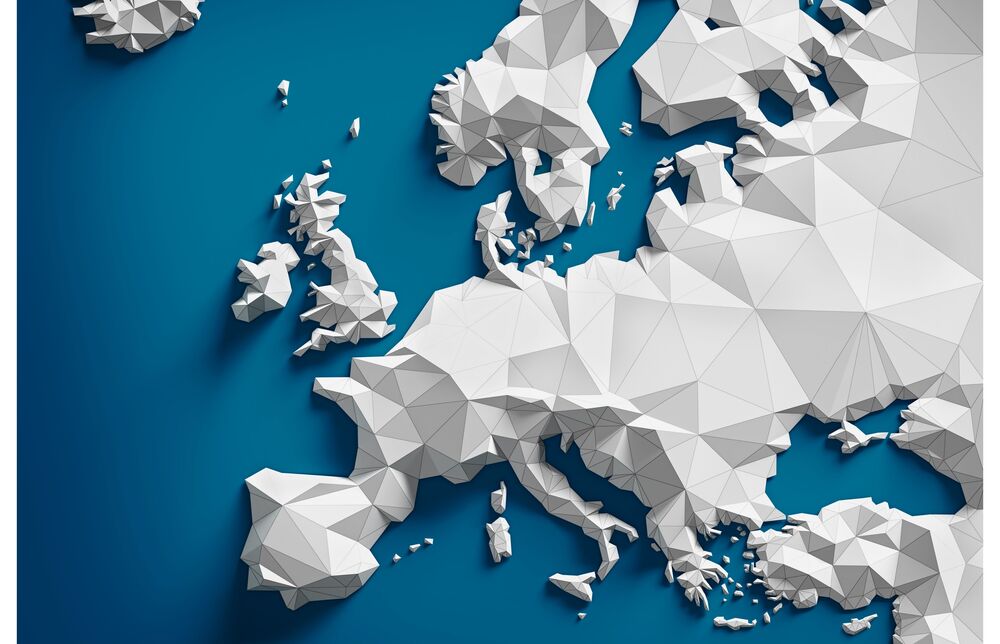 Carte 3D abstraite de l’Europe – représentation symbolique du réseau de distribution international de CUTMETALL