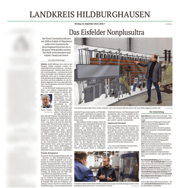 Pressebericht zur Eröffnung der neuen Halle bei der CUTMETALL Recycling Tools Germany GmbH in Eisfeld