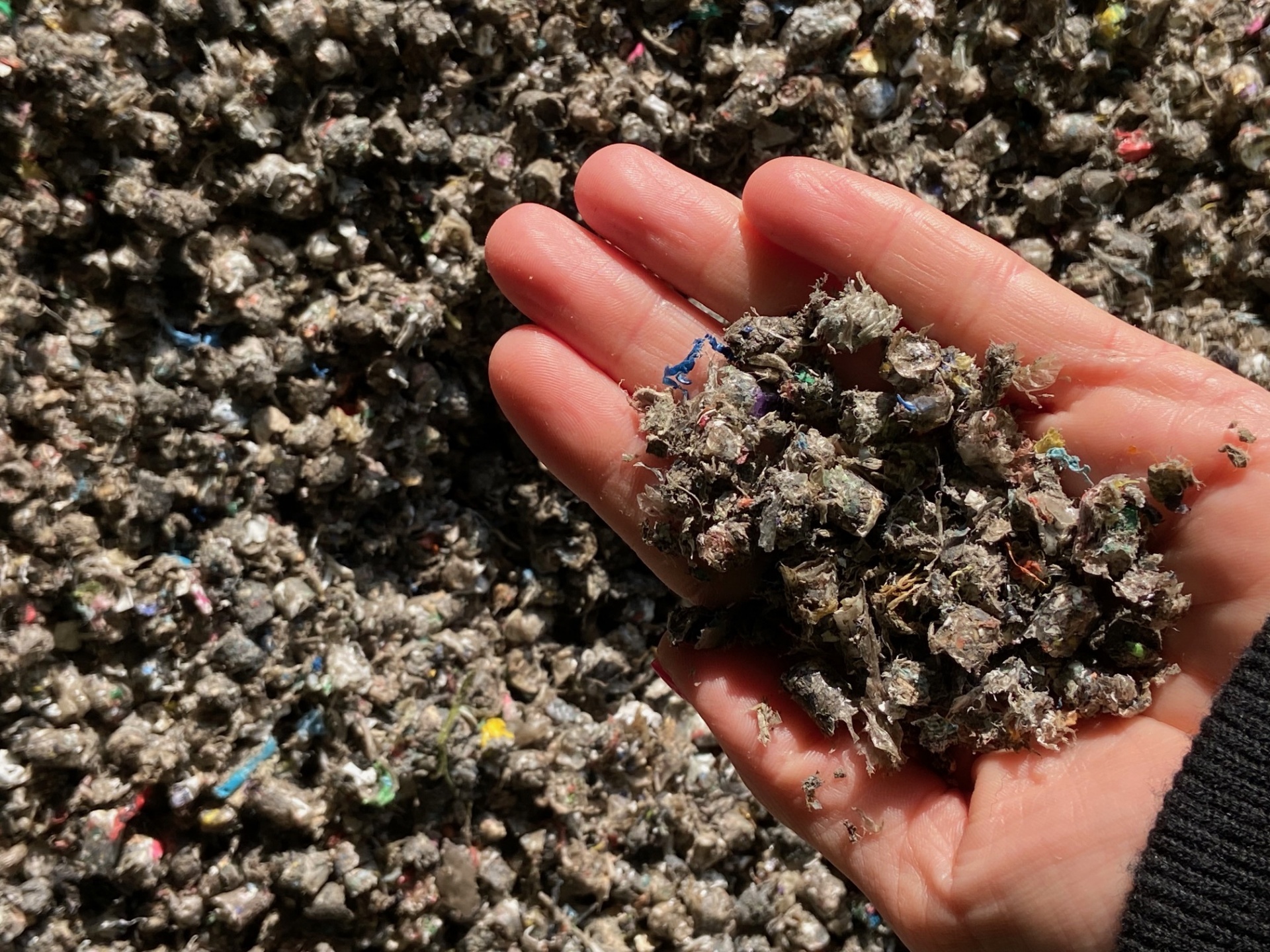 Matériau recyclé broyé dans une main – matière de sortie pour le traitement des plastiques ou la production de CSR