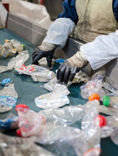Persona con guantes clasificando manualmente botellas de plástico usadas sobre una cinta transportadora en una planta de reciclaje.