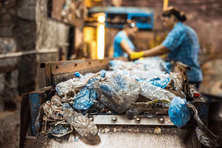 Primer plano de una cinta transportadora con botellas de plástico sucias y residuos plásticos en una planta de reciclaje. Al fondo, dos operarias con camisas azules y guantes amarillos clasifican los desechos.