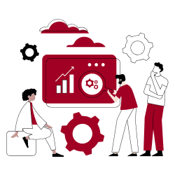 Illustration of three people in front of a large screen with diagrams and cogwheels - symbolizes teamwork and process optimization