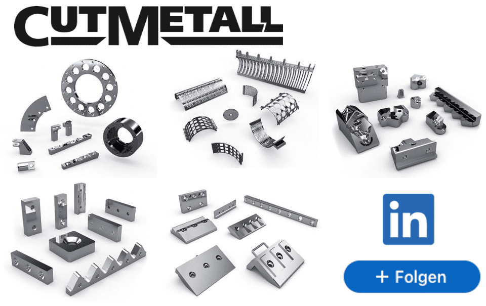 CUTMETALL Logo, CUTMETALL Produkte, LinkedIn-Logo und Folgen-Button